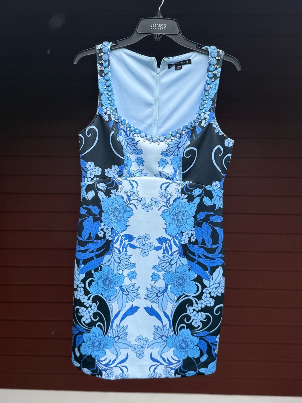 Boston Proper Blue Floral Beaded Sheath Dress